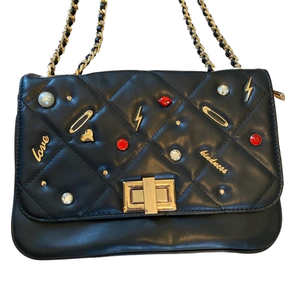 Aldo FAREREVER Chain Black Quilted Crossbody Bag with Fun Embellishments NWT